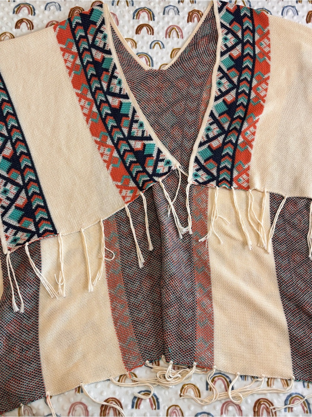 Fringed V-Neck Tunic in Cream with Geometric Trim